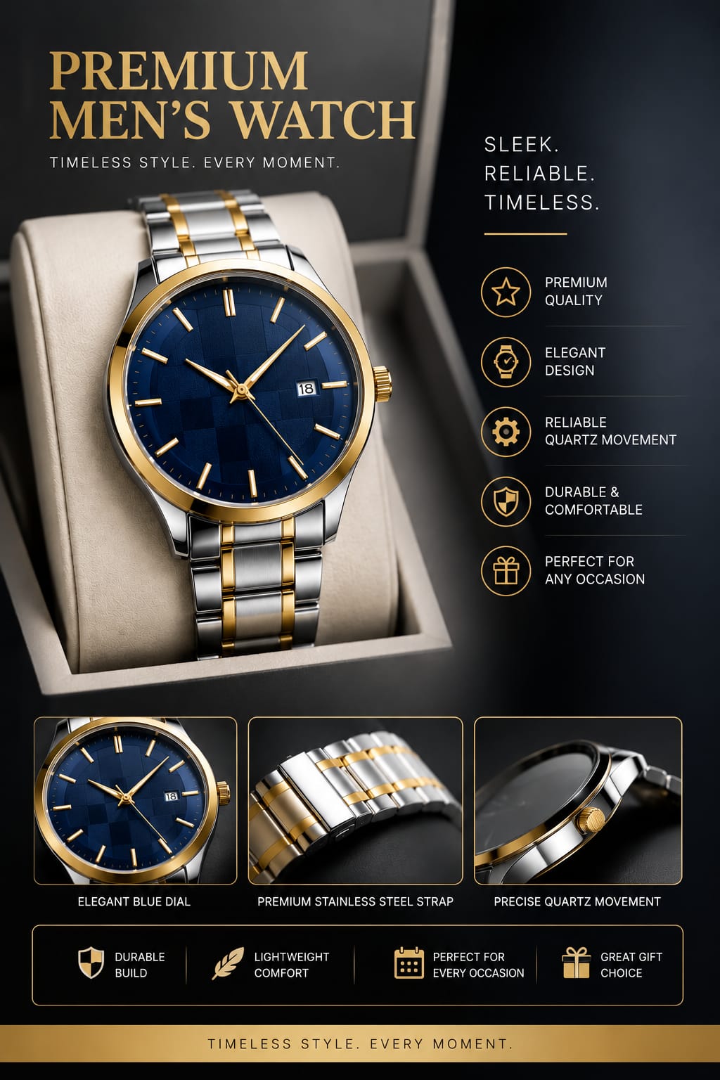 ZEVIO Premium Blue Dial Stainless Steel Watch for Men